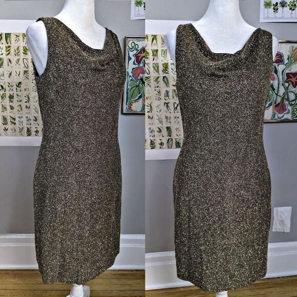 Vintage 90s Donna Ricco Dress Metallic Gold Glitter Cowl Cocktail Size Petite 6 - Picture 1 of 7